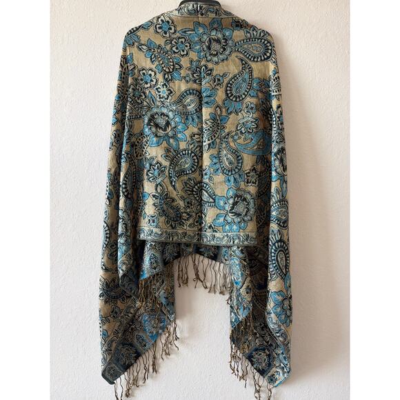Blue Gold Reversible Silk Blend Shimmery Paisley Pashmina Scarf Shawl 69x27” - Picture 7 of 8